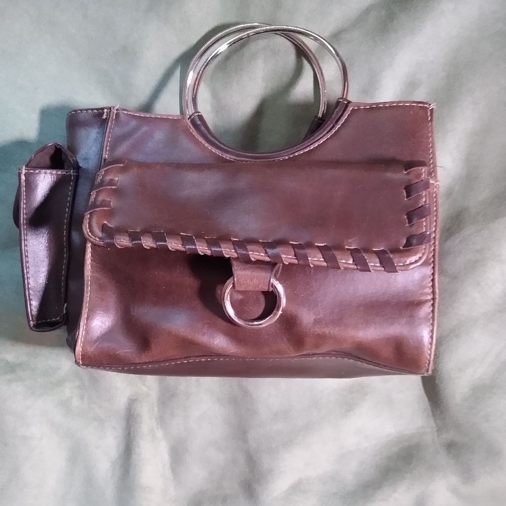 Y2K Small Brown Leather Purse Ring handles Exterior Cell Phone Pocket Crossbody
